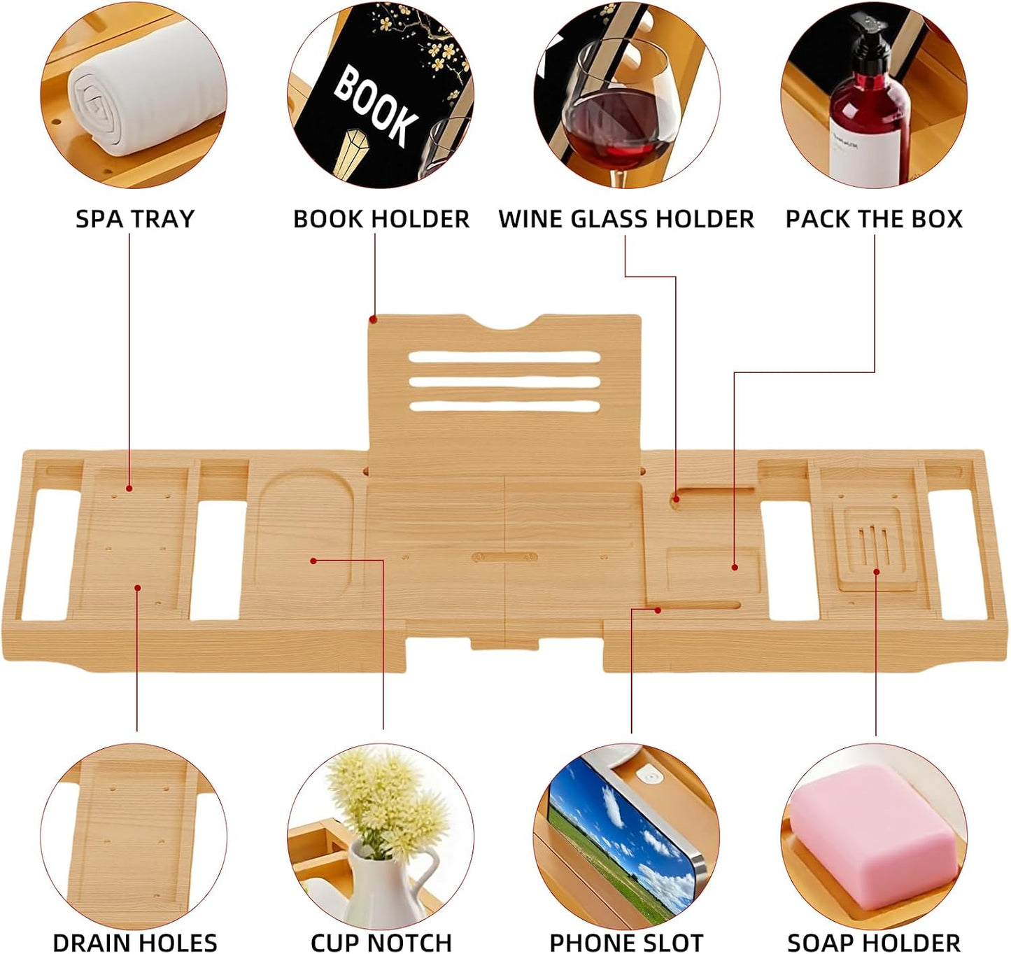 BathNook™ Bamboo Bath Reading Tray — Expandable Bathtub Caddy with Book, Tablet & Wine Holder 3