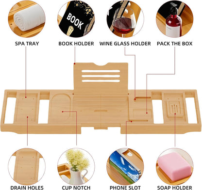 BathNook™ Bamboo Bath Reading Tray — Expandable Bathtub Caddy with Book, Tablet & Wine Holder 3