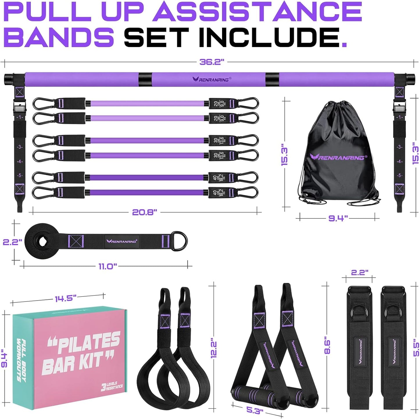 Pilates Bar Kit with Resistance Bands, Multifunctional Yoga Pilates Bar with Heavy-Duty Metal Adjustment Buckle for Women & Men, Home Gym Pilates Resistance Bar Kit forFull Body Workouts
