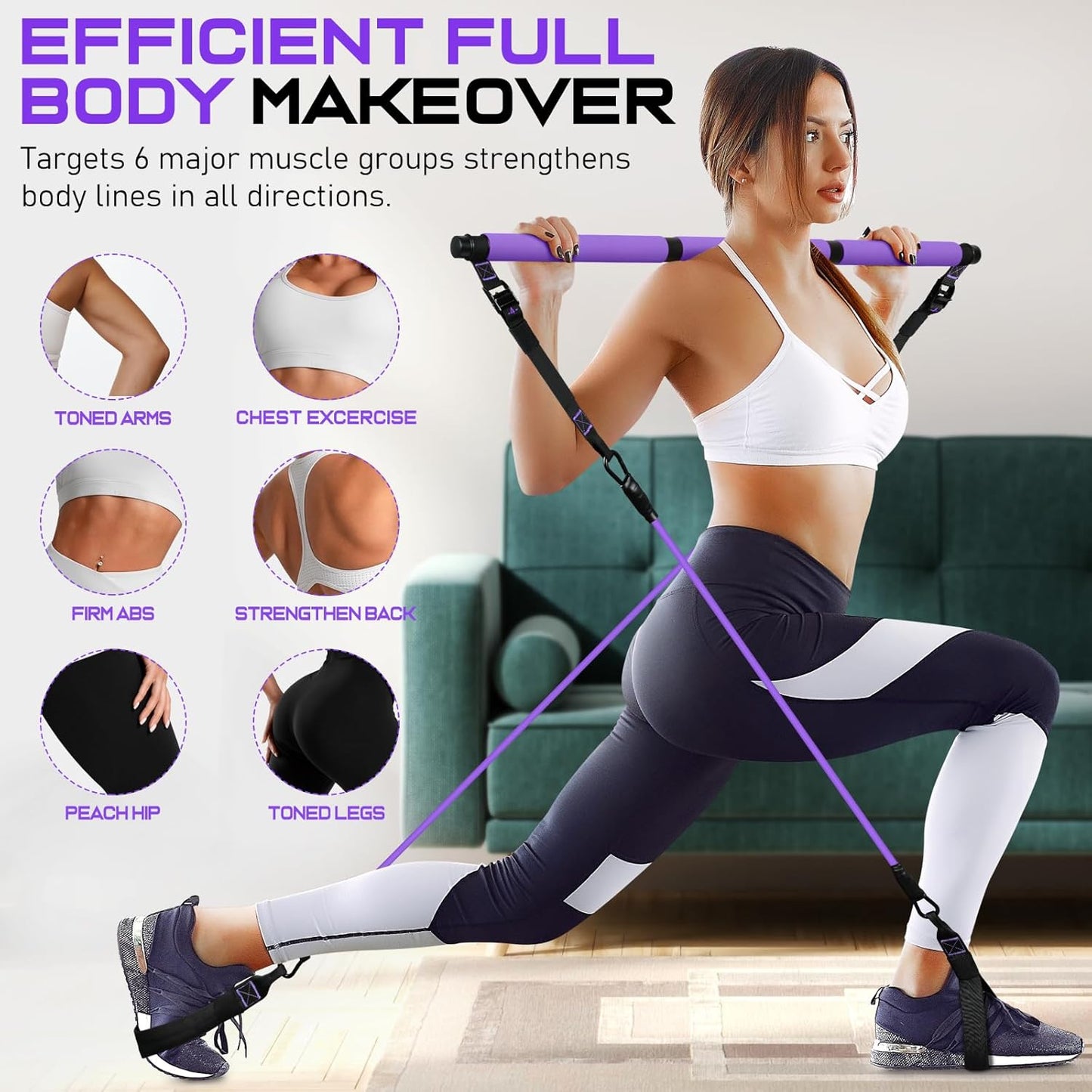 Pilates Bar Kit with Resistance Bands, Multifunctional Yoga Pilates Bar with Heavy-Duty Metal Adjustment Buckle for Women & Men, Home Gym Pilates Resistance Bar Kit forFull Body Workouts