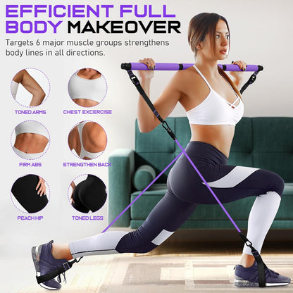 Pilates Bar Kit with Resistance Bands, Multifunctional Yoga Pilates Bar with Heavy-Duty Metal Adjustment Buckle for Women & Men, Home Gym Pilates Resistance Bar Kit forFull Body Workouts