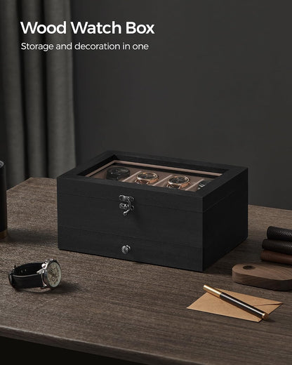 SONGMICS 8 Compartment Solid Wood Watch Box with Glass Lid