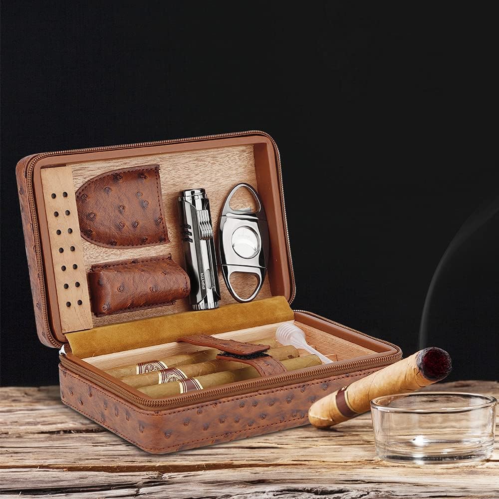 PIPITA Portable Travel Humidor,Elegant Leather Cigar Humidor Cedar Wood Lined for 4 Cigars with Humidifier Cigar Lighter and Cutter (Cigars not Included)