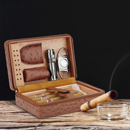 PIPITA Portable Travel Humidor,Elegant Leather Cigar Humidor Cedar Wood Lined for 4 Cigars with Humidifier Cigar Lighter and Cutter (Cigars not Included)