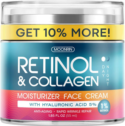 Retinol Cream for Face with Hyaluronic Acid, Anti Aging Wrinkle Cream for Women and Men, Day and Night Collagen Moisturizer to Minimize Wrinkles, Dryness, 1.85 Oz
