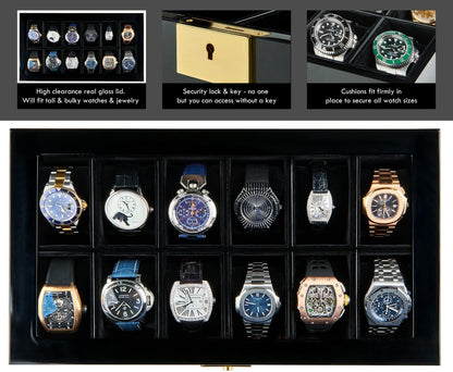 Luxury 12 Slot Watch Box Organizer, Glass Display and Metal Lock, Wide Compartments Fit Large Watches, Plush Velvet Lining, Men’s Jewelry Case, Black Piano Finish (Pearson Valet)