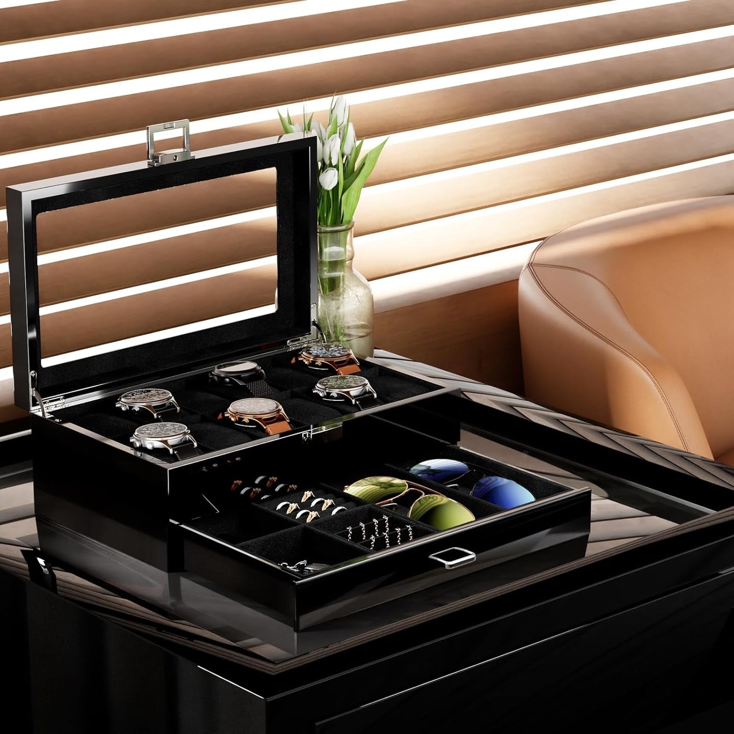 Lacquered Finish Wooden Men's Jewelry Box, Watch and Sunglasses Box Organizer for Men, 2-Tier Watch Holder Display Cases with Clear Glass Top and Storage Drawer