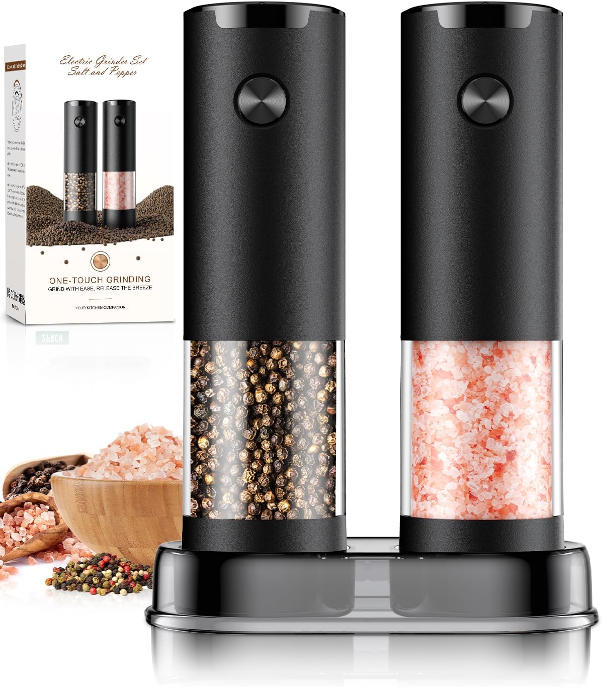 2 Pack Electric Salt and Pepper Grinder Set Automatic Batter