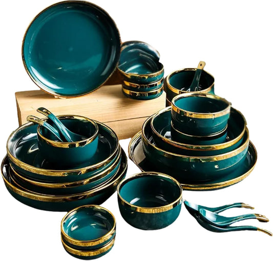 HOMARA - Green Dinner Set – 18-Piece Dinnerware Set for 4 with Gold Rim | Elegant, Durable, Microwave & Dishwasher Safe Plates, Bowls & Mugs for Home, Kitchen & Dining.