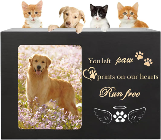 Large Pet Memorial Urn Box (18x12x12 cm), Wooden Cremation Keepsake with Photo Frame for Dog & Cat Ashes