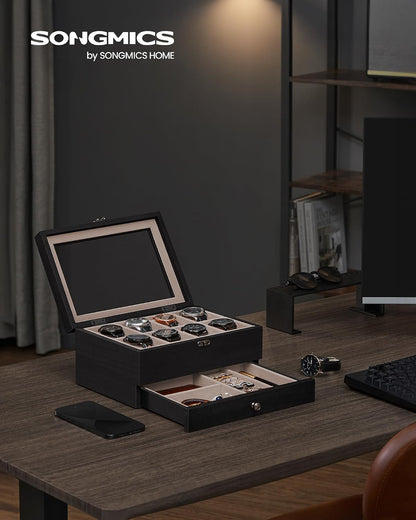 SONGMICS 8 Compartment Solid Wood Watch Box with Glass Lid