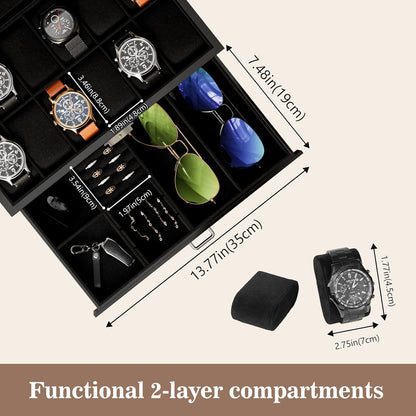 Lacquered Finish Wooden Men's Jewelry Box, Watch and Sunglasses Box Organizer for Men, 2-Tier Watch Holder Display Cases with Clear Glass Top and Storage Drawer