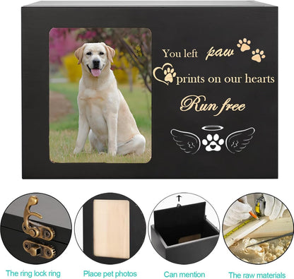 Large Pet Memorial Urn Box (18x12x12 cm), Wooden Cremation Keepsake with Photo Frame for Dog & Cat Ashes