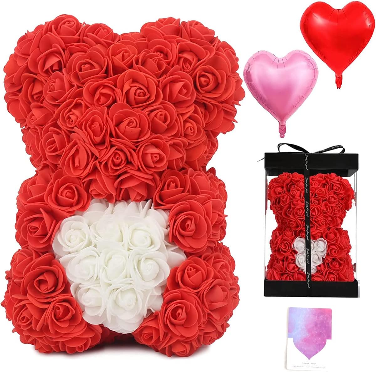 Flower Rose Bear Gifts for Mom Grandma on Mothers Day from Daughter, Artificial Rose Teddy Bear with box and balloons Gifts for Valentines Day Birthday Anniversary Presents for Her Wife Sister (Red)