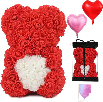 Flower Rose Bear Gifts for Mom Grandma on Mothers Day from Daughter, Artificial Rose Teddy Bear with box and balloons Gifts for Valentines Day Birthday Anniversary Presents for Her Wife Sister (Red)