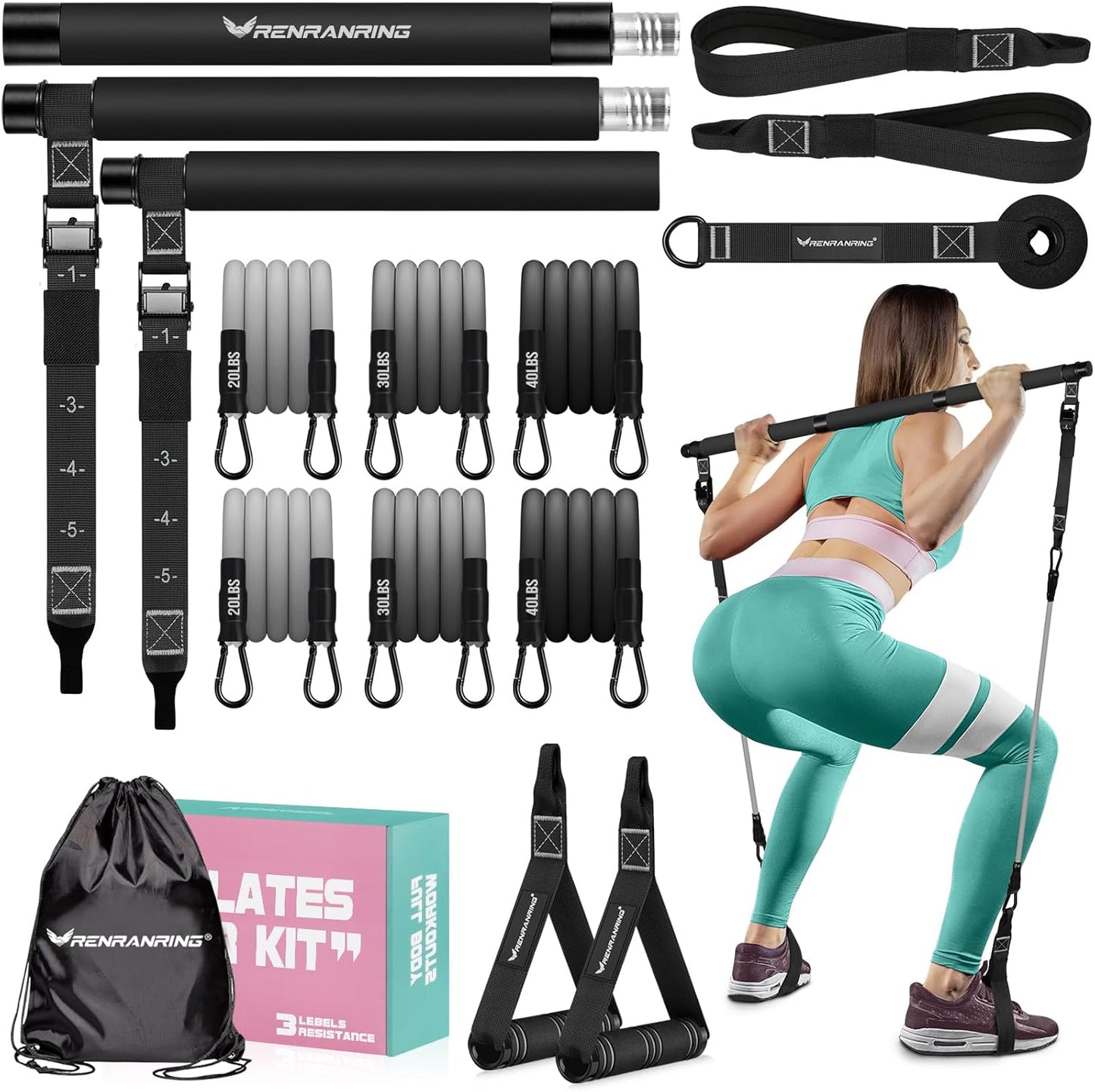 Pilates Bar Kit with Resistance Bands, Multifunctional Yoga Pilates Bar with Heavy-Duty Metal Adjustment Buckle for Women & Men, Home Gym Pilates Resistance Bar Kit forFull Body Workouts