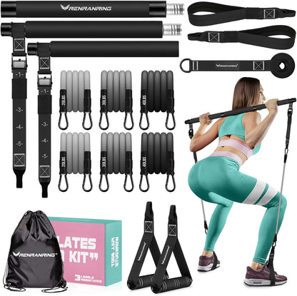 Pilates Bar Kit with Resistance Bands, Multifunctional Yoga Pilates Bar with Heavy-Duty Metal Adjustment Buckle for Women & Men, Home Gym Pilates Resistance Bar Kit forFull Body Workouts