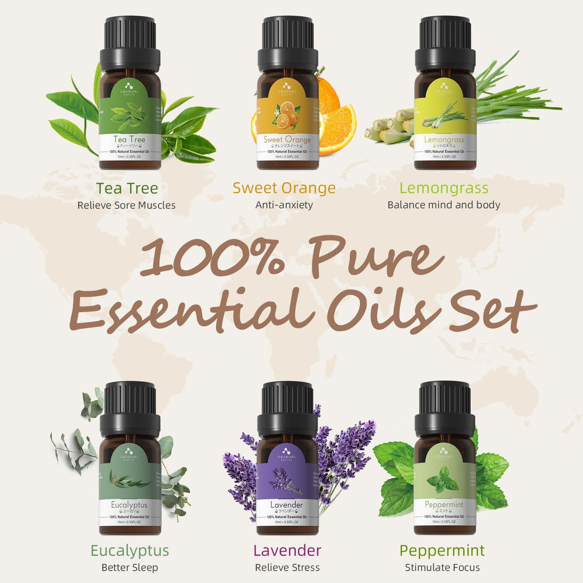 ASAKUKI 300ml Aromatherapy Oil Diffuser with 6Pcs*10ml Pure 