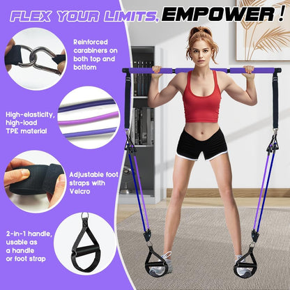 Pilates Bar Kit with 180LBS Resistance Bands(20,30,40 LB),21PCS Pilates Equipment Exercise Bar with Ab Roller, Portable Home Gym Fitness Pilates Bar for Women & Men
