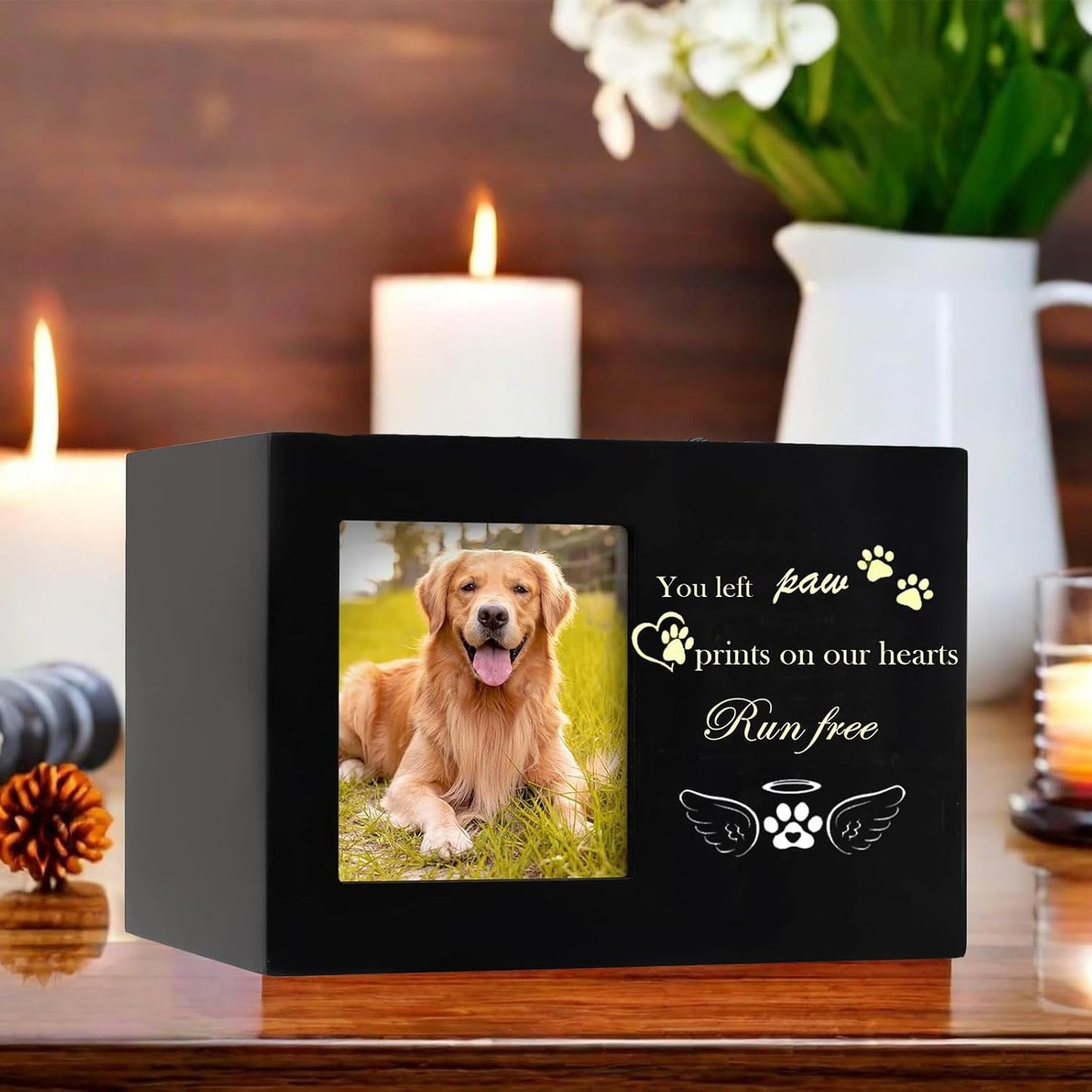 Large Pet Memorial Urn Box (18x12x12 cm), Wooden Cremation Keepsake with Photo Frame for Dog & Cat Ashes