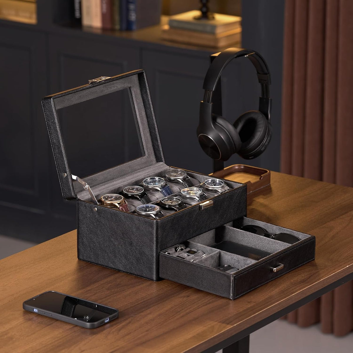 ProCase Watch & Jewelry Box with Drawer for Men -Black