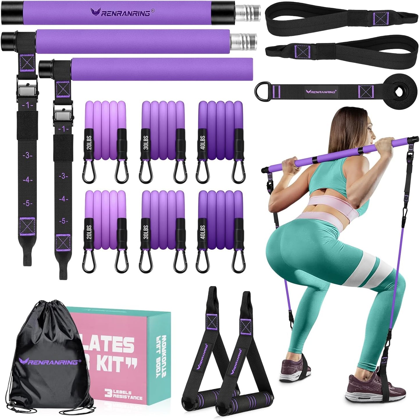 Pilates Bar Kit with Resistance Bands, Multifunctional Yoga Pilates Bar with Heavy-Duty Metal Adjustment Buckle for Women & Men, Home Gym Pilates Resistance Bar Kit forFull Body Workouts