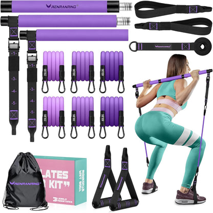Pilates Bar Kit with Resistance Bands, Multifunctional Yoga Pilates Bar with Heavy-Duty Metal Adjustment Buckle for Women & Men, Home Gym Pilates Resistance Bar Kit forFull Body Workouts