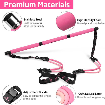Pilates Bar Kit with Resistance Bands, Multifunctional Yoga Pilates Bar with Heavy-Duty Metal Adjustment Buckle for Women & Men, Home Gym Pilates Resistance Bar Kit forFull Body Workouts