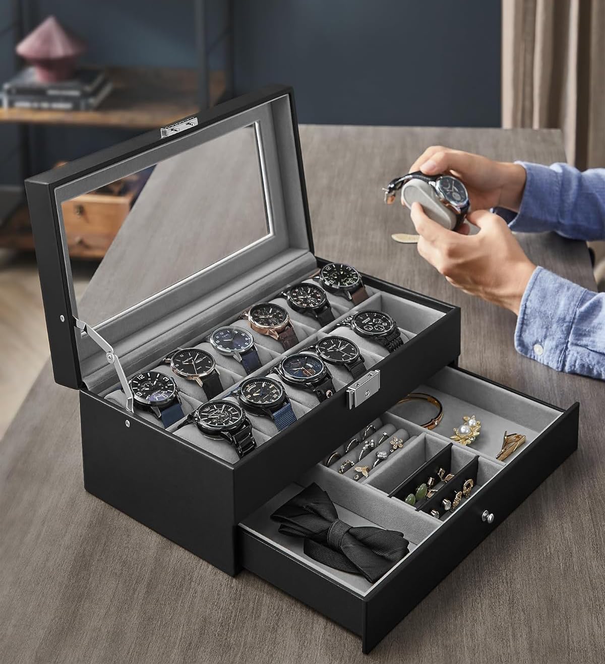 Haundry 12 Slot PU Leather Lockable Watch Storage Boxes