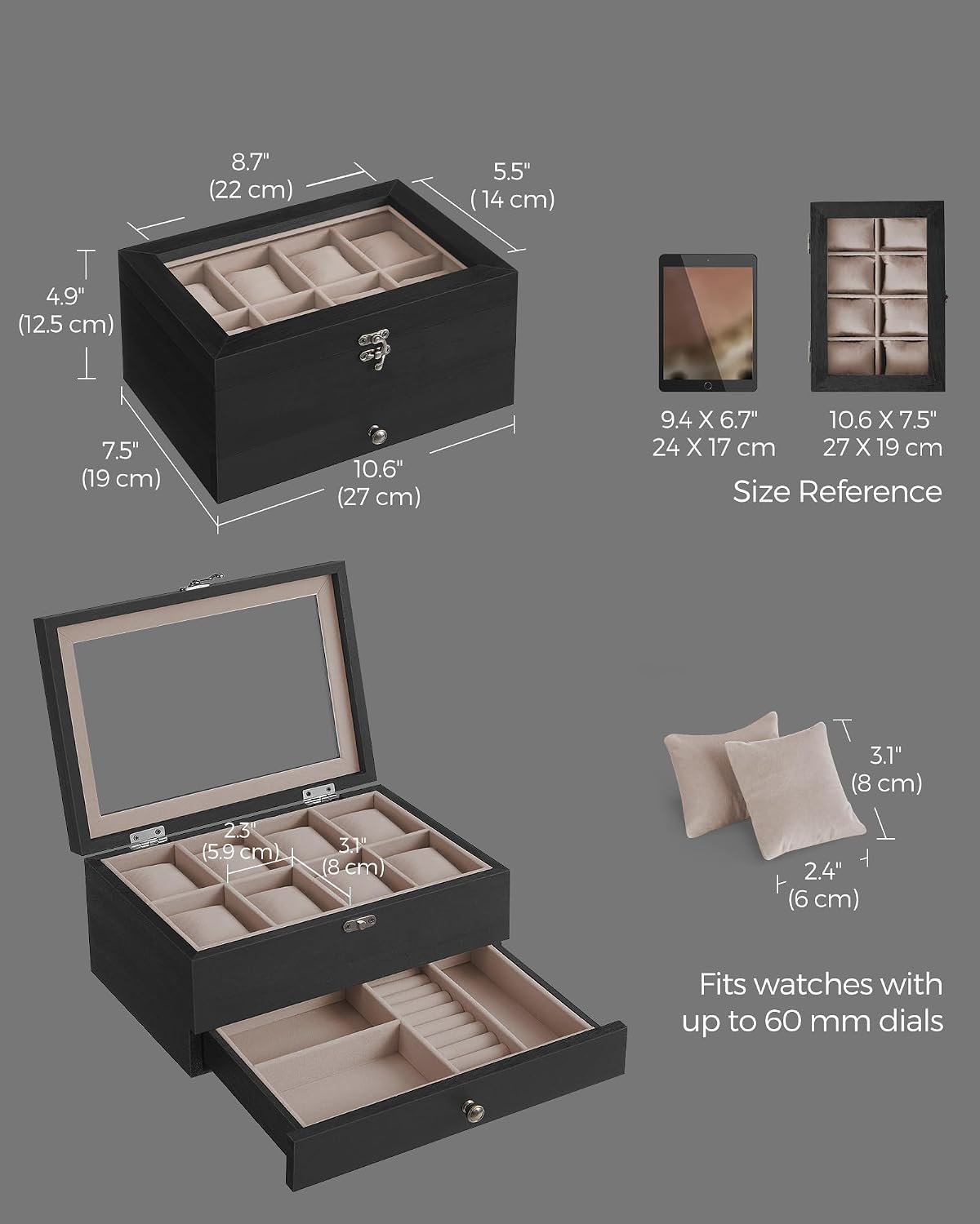 SONGMICS 8 Compartment Solid Wood Watch Box with Glass Lid