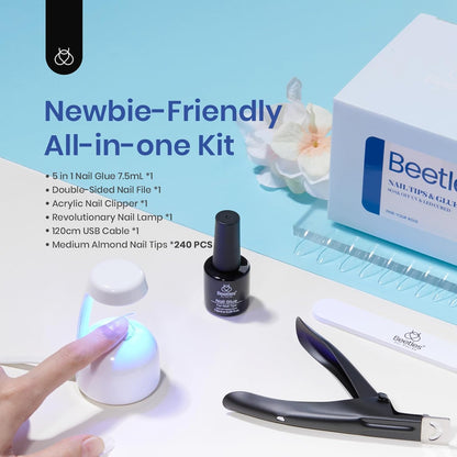 Beetles Easy Gel Tips Nail Extension Kit, 2 In 1 Nail Glue Gel Base Coat with Pre-shaped Medium Almond Nails and UV LED Nail Lamp Acrylic Nail Clipper for DIY Manicure