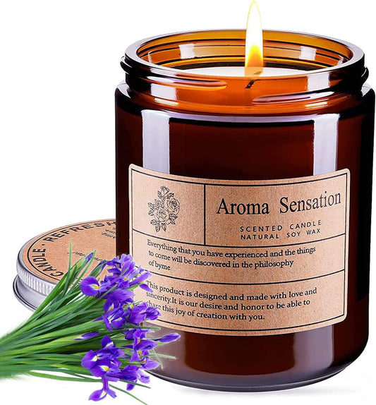 Scented Candles, Highly Scented, Natural Wax, 40 Hours Long Burning, Aromatherapy Candles with Aesthetic Amber Glass, Clean Delicate Fruity Scent for Calming & Stress Relief(Lavender Eucalyptus)
