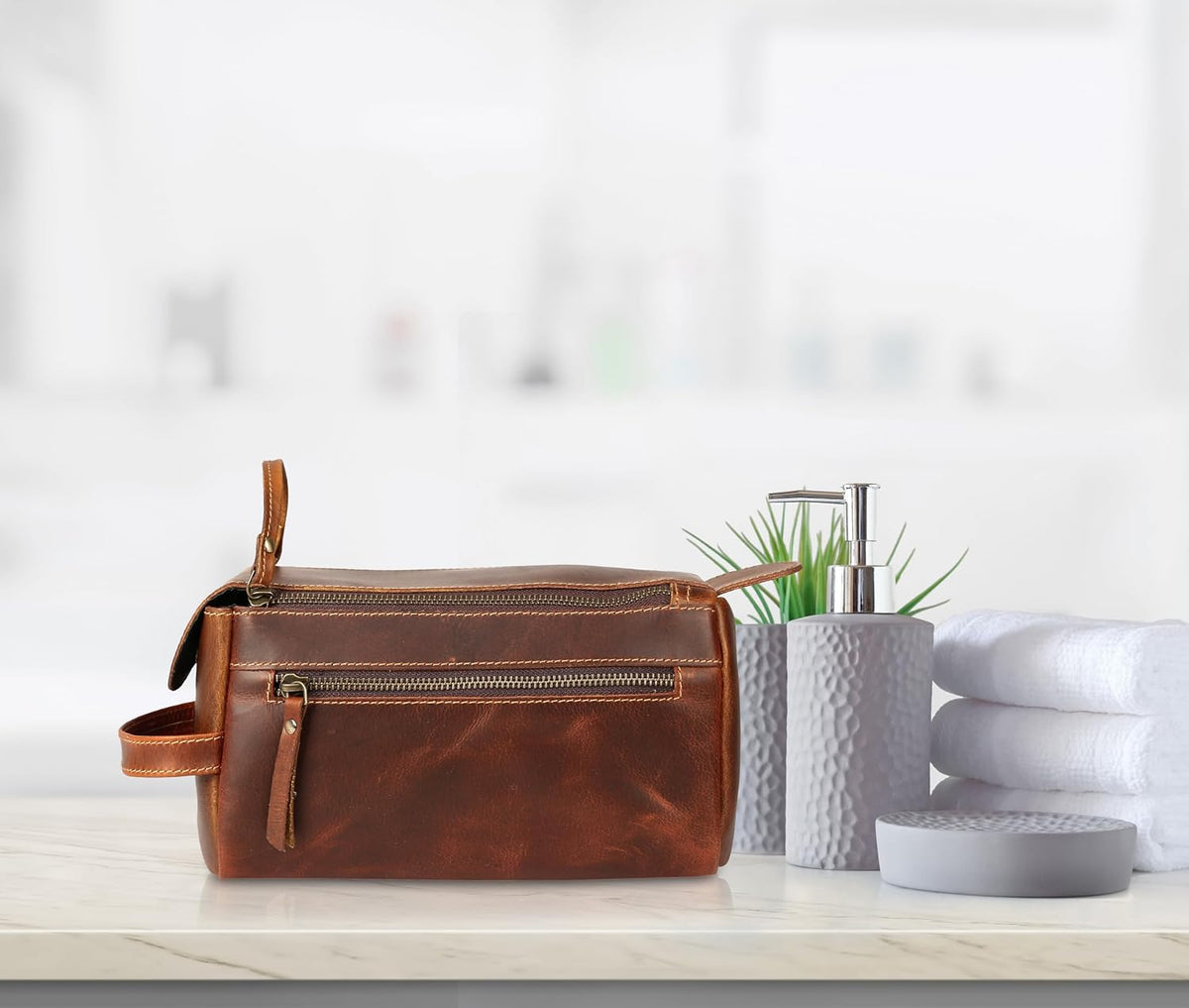 KomalC Premium Buffalo Leather Unisex Toiletry Bag Travel Do
