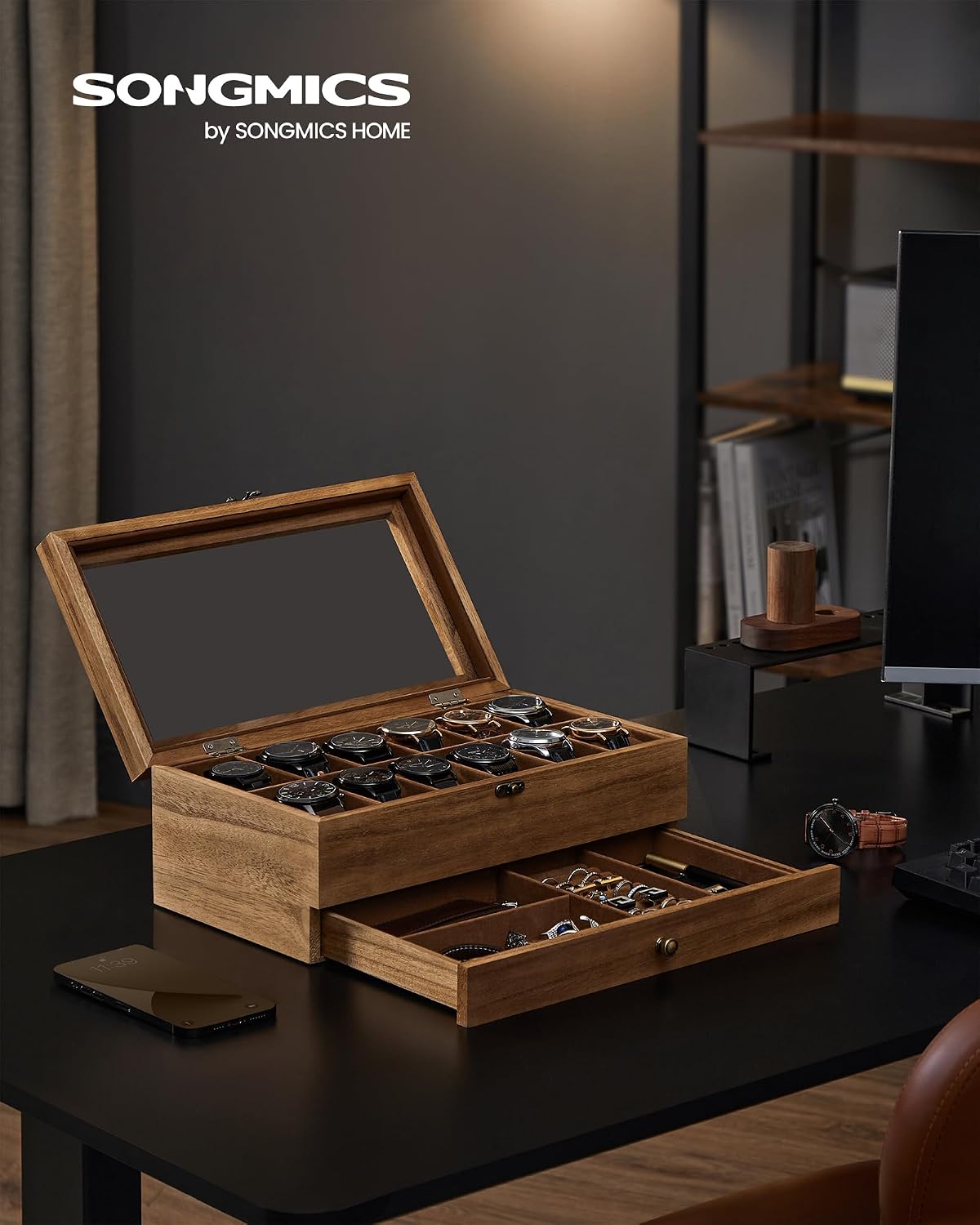 SONGMICS Wooden Watch Box with 12 Slots