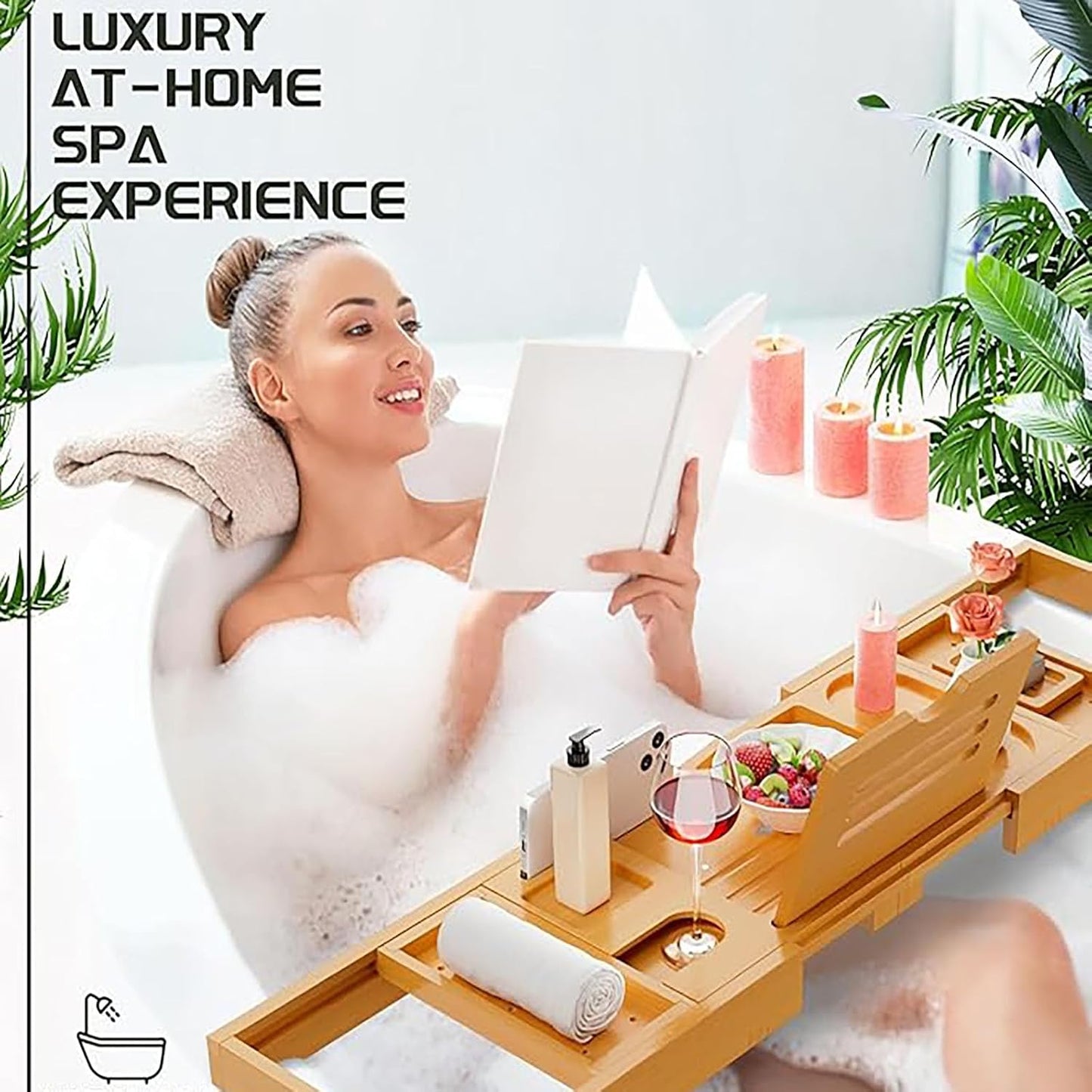 Serenluxe™ Foldable Bamboo Bath Caddy Tray — Expandable & Adjustable Bathtub Rack 6