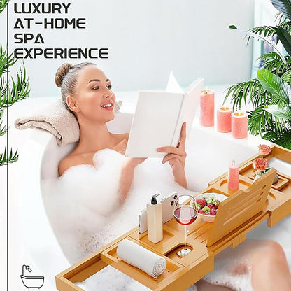 Serenluxe™ Foldable Bamboo Bath Caddy Tray — Expandable & Adjustable Bathtub Rack 6