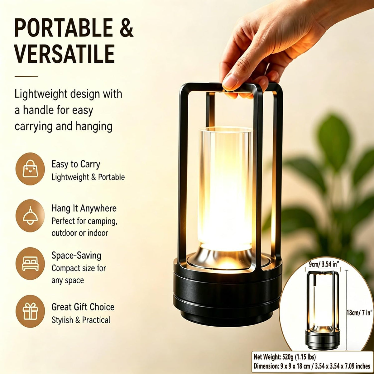 Cordless Table lamp Rechargeable Portable Metal Touch Small 