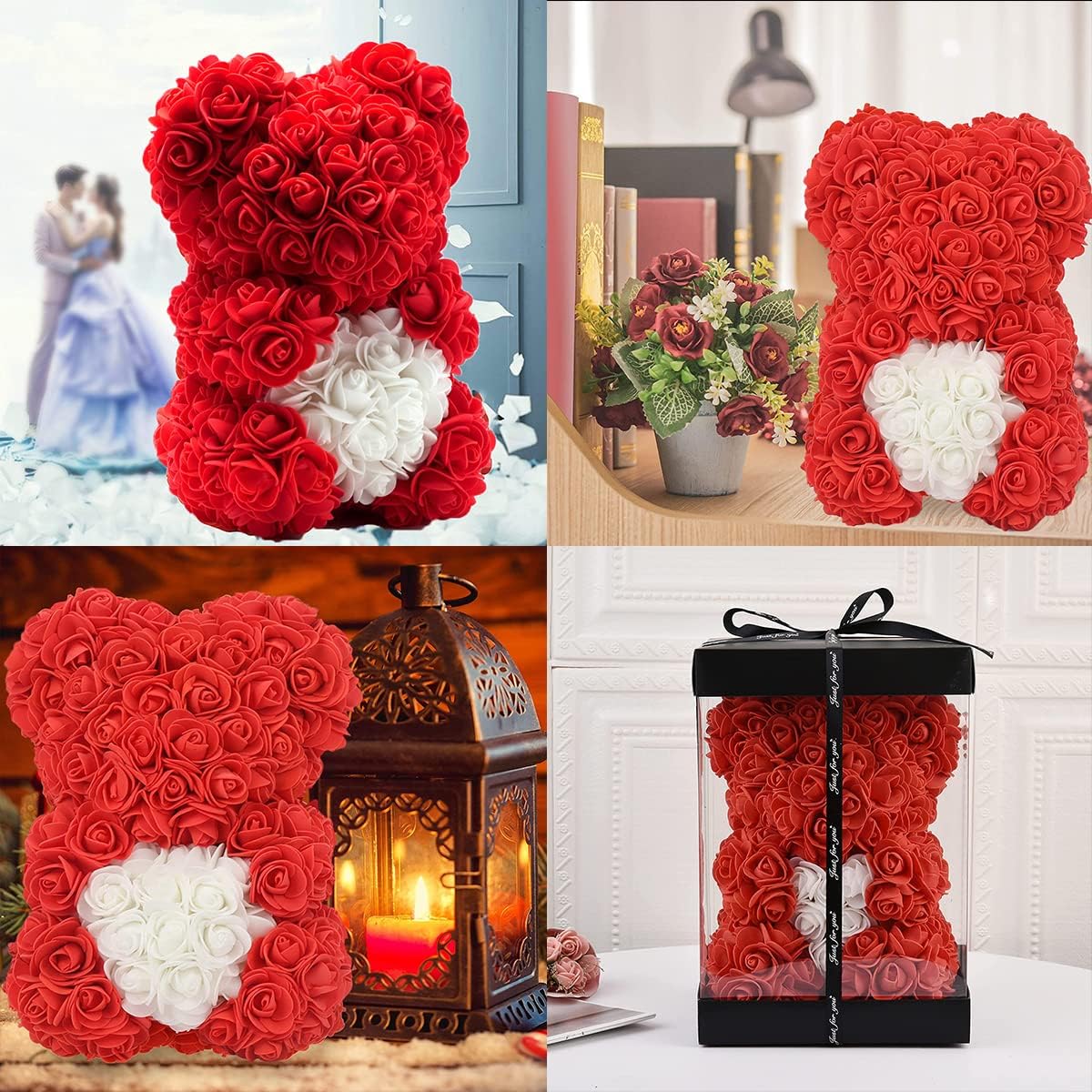 Flower Rose Bear Gifts for Mom Grandma on Mothers Day from Daughter, Artificial Rose Teddy Bear with box and balloons Gifts for Valentines Day Birthday Anniversary Presents for Her Wife Sister (Red)