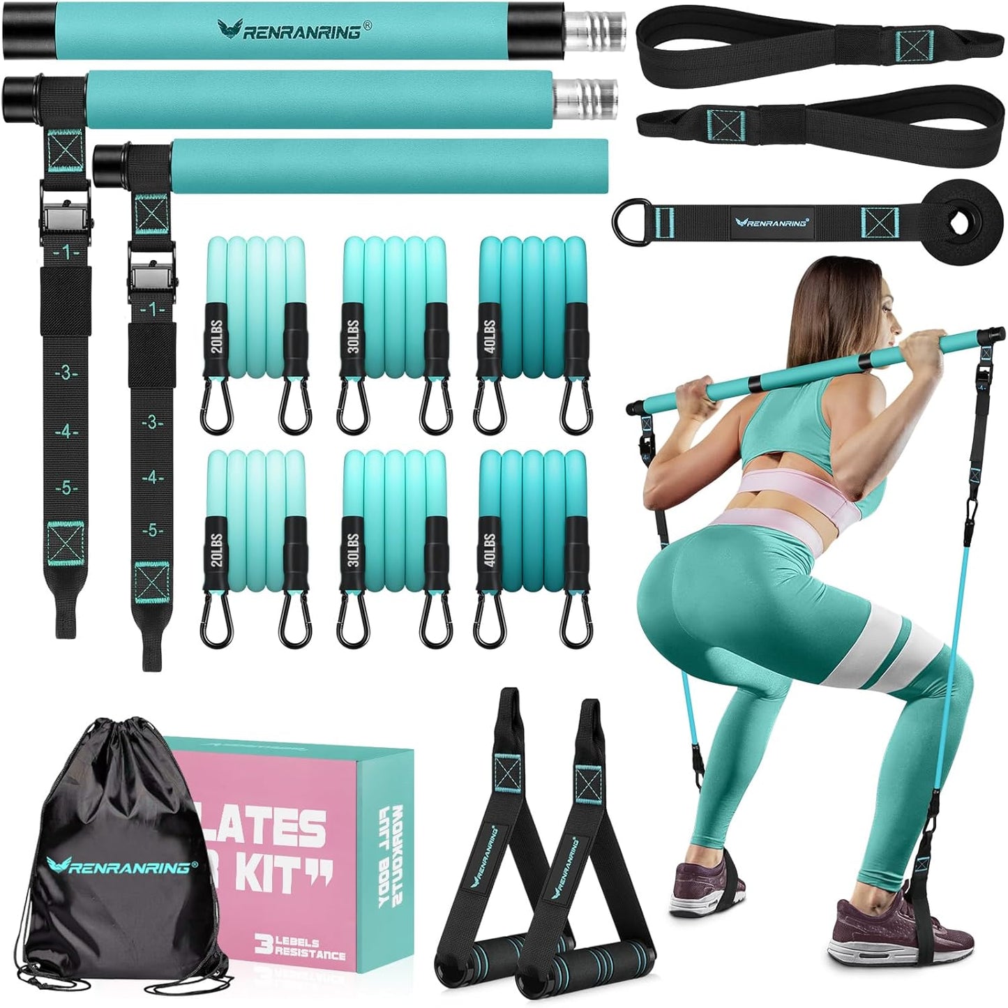 Pilates Bar Kit with Resistance Bands, Multifunctional Yoga Pilates Bar with Heavy-Duty Metal Adjustment Buckle for Women & Men, Home Gym Pilates Resistance Bar Kit forFull Body Workouts