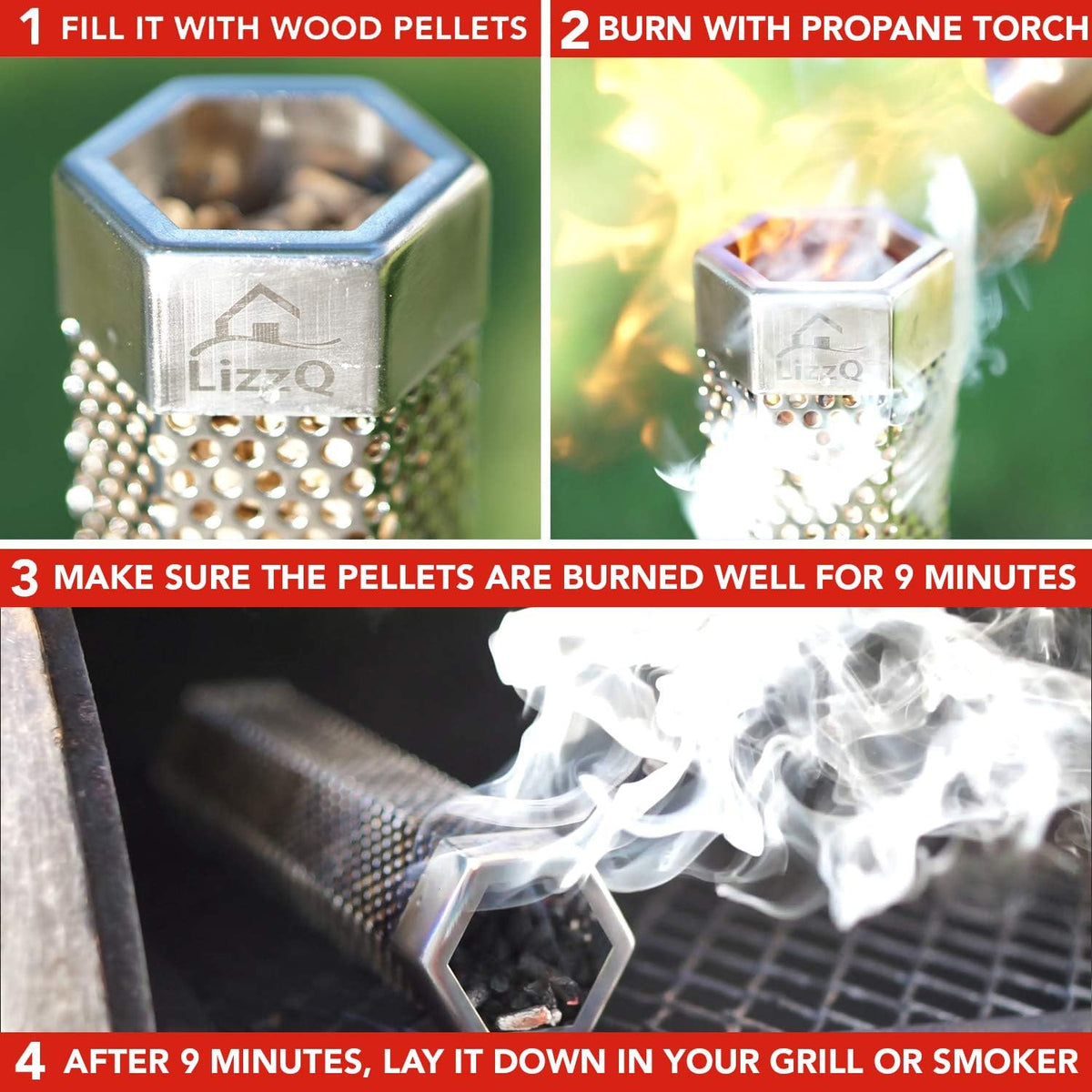 LizzQ Premium Pellet Smoker Tube 12-5 Hours of Billowing Smo