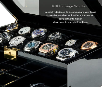 Luxury 12 Slot Watch Box Organizer, Glass Display and Metal Lock, Wide Compartments Fit Large Watches, Plush Velvet Lining, Men’s Jewelry Case, Black Piano Finish (Pearson Valet)
