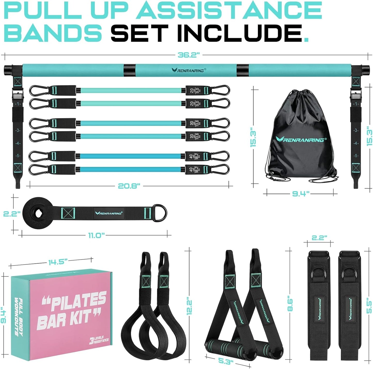 Pilates Bar Kit with Resistance Bands, Multifunctional Yoga Pilates Bar with Heavy-Duty Metal Adjustment Buckle for Women & Men, Home Gym Pilates Resistance Bar Kit forFull Body Workouts