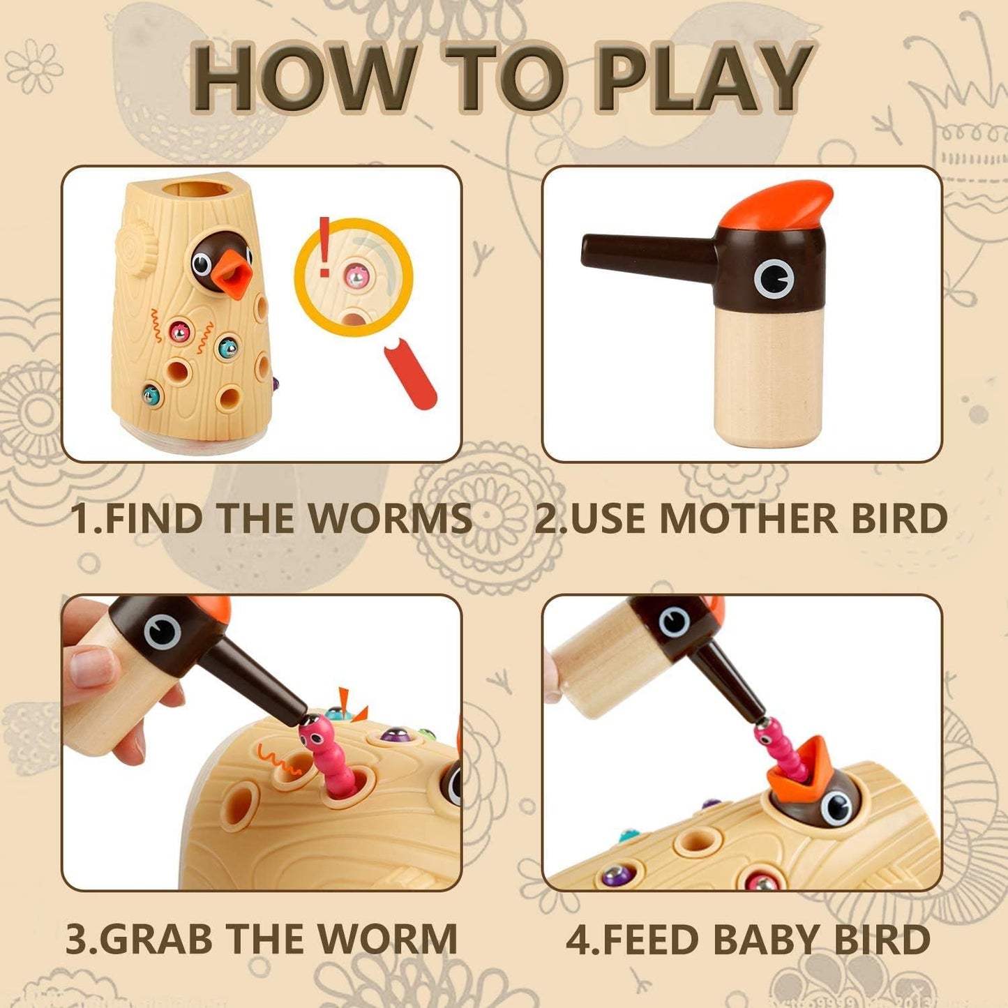 TOP Bright Montessori Toys for 2 Year Old Girl and Boy, Fine Motor Skills Toddler Toys Age 2-4, Woodpecker Worm Toy Magnetic Bird Feeding Game