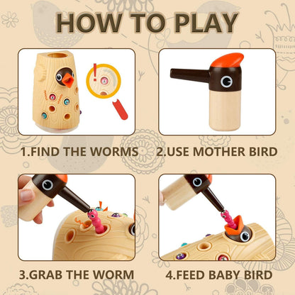 TOP Bright Montessori Toys for 2 Year Old Girl and Boy, Fine Motor Skills Toddler Toys Age 2-4, Woodpecker Worm Toy Magnetic Bird Feeding Game