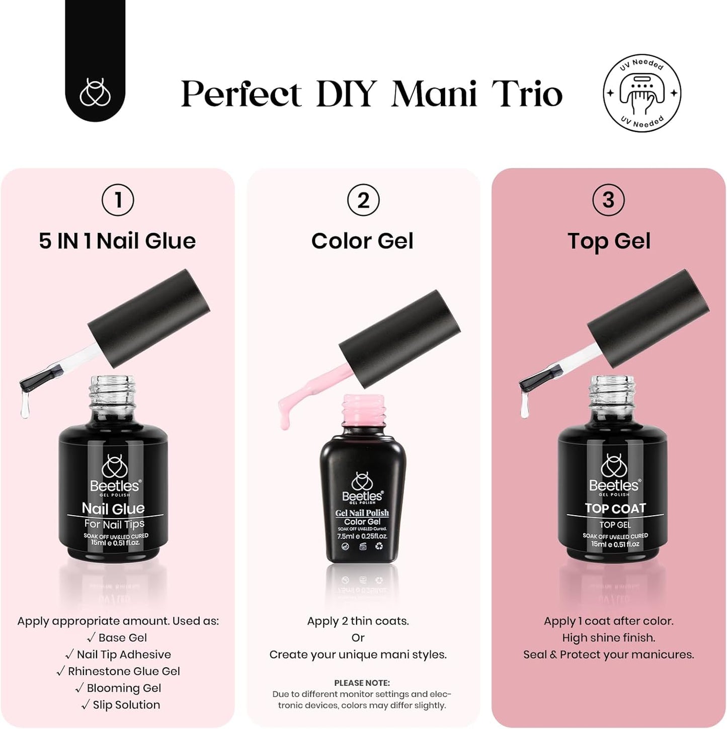 Beetles Easy Gel Tips Nail Extension Kit, 2 In 1 Nail Glue Gel Base Coat with Pre-shaped Medium Almond Nails and UV LED Nail Lamp Acrylic Nail Clipper for DIY Manicure