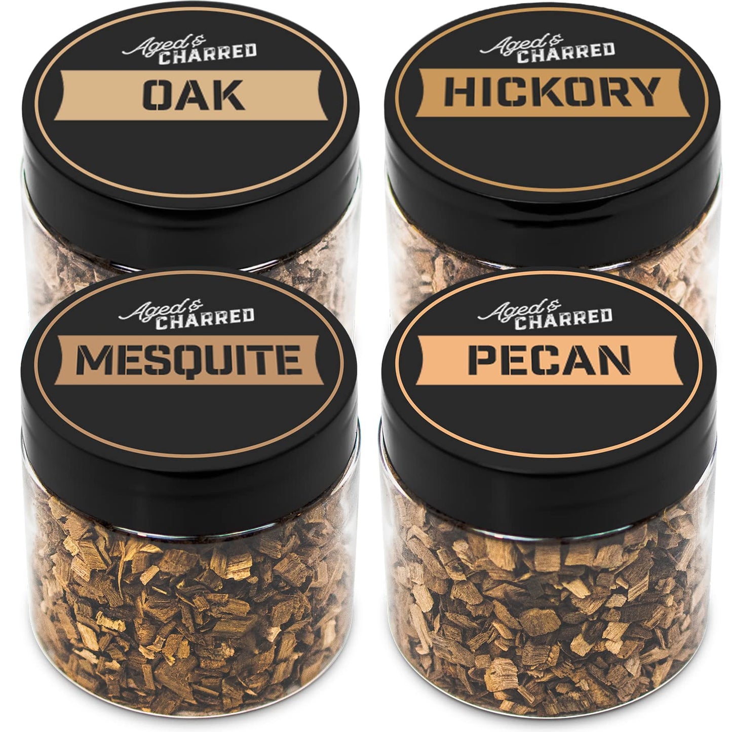 Aged & Charred Cocktail Smoker Wood Chips — Bold 4-Pack (Oak, Hickory, Mesquite & Pecan)