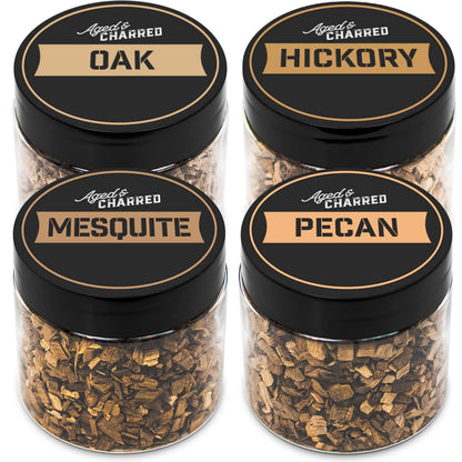 Aged & Charred Cocktail Smoker Wood Chips — Bold 4-Pack (Oak, Hickory, Mesquite & Pecan)
