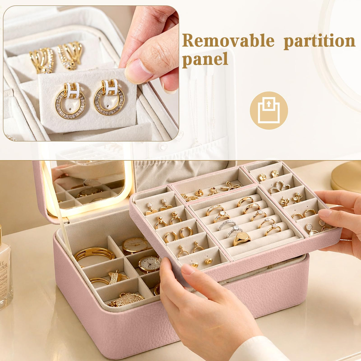 2-Layer LED Jewellery Box with Dimmable Mirror — Necklace Hanging Rail, Velvet-Lined Travel Organiser — image 26