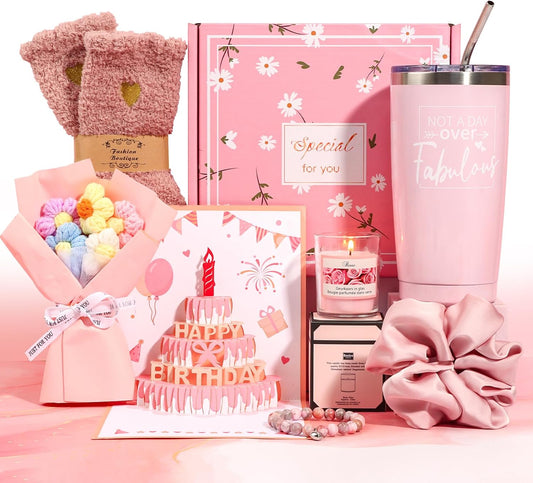 Birthday Gifts for Women Friendship, Pink Relaxing Spa Gifts Basket Set for Women, Self Care Gifts Unique Happy Birthday Gift Idea for Mom Her Best Friends Sister Wife Girlfriend Coworker Teacher