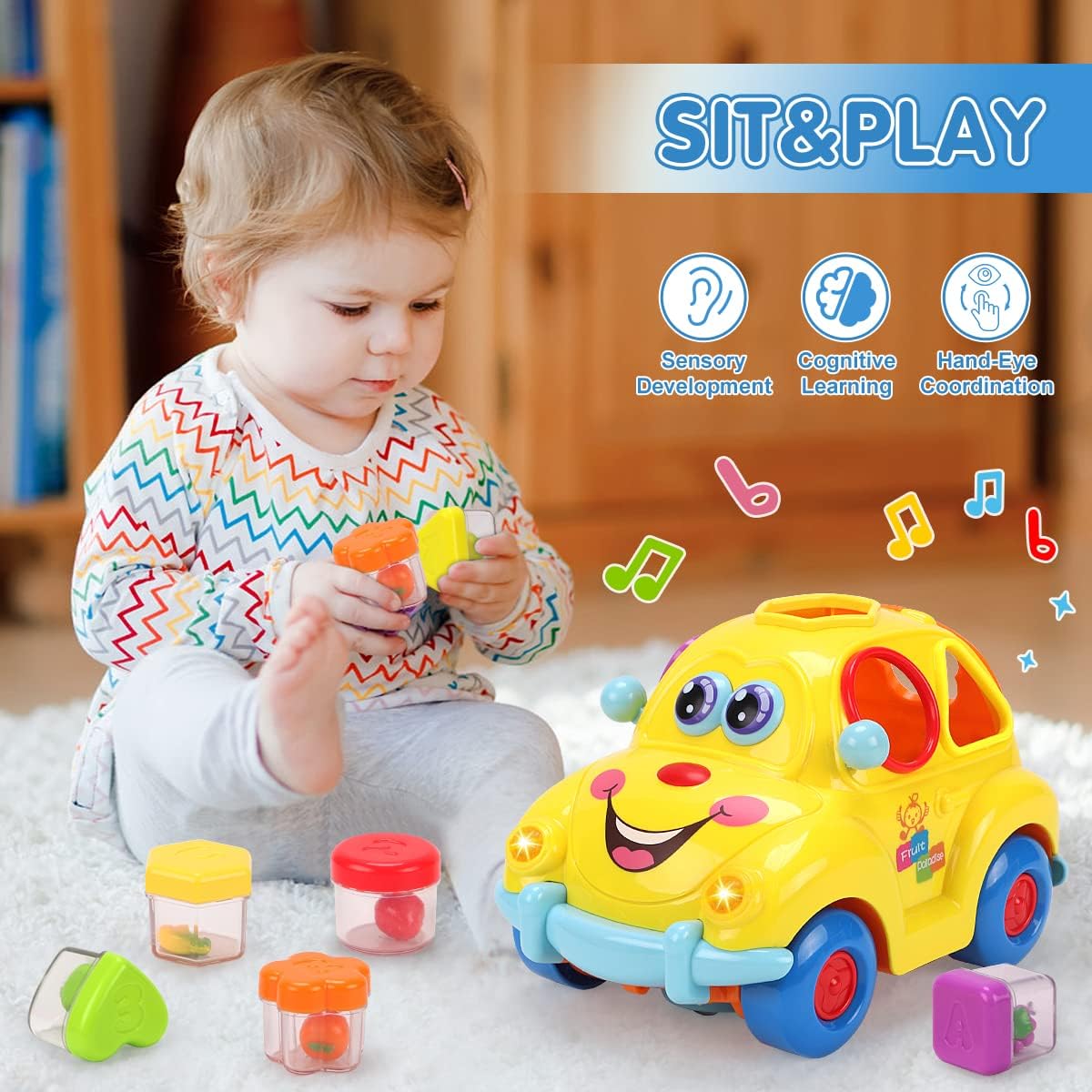 Baby Toys Musical Car Toy with Lights & Sounds, Shape Sorter Toys for Toddlers, Early Education Learning Toy for Girls Boys, Crawling Baby Toy for 18Months+ Toddlers